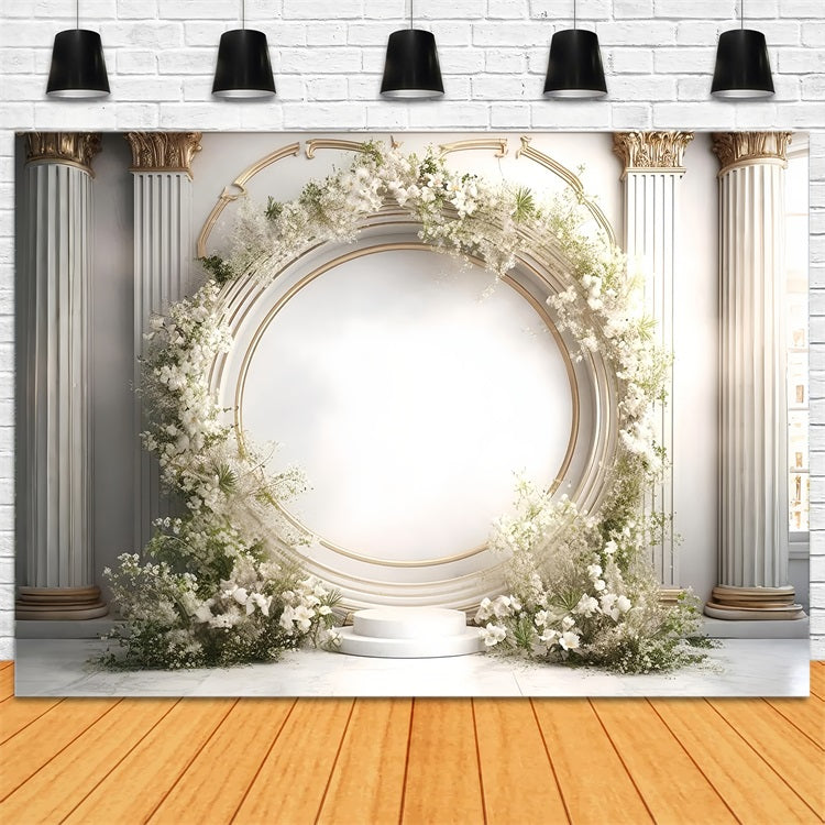 Elegant White Floral Archway Columns Boho Backdrop UK BRP9-271