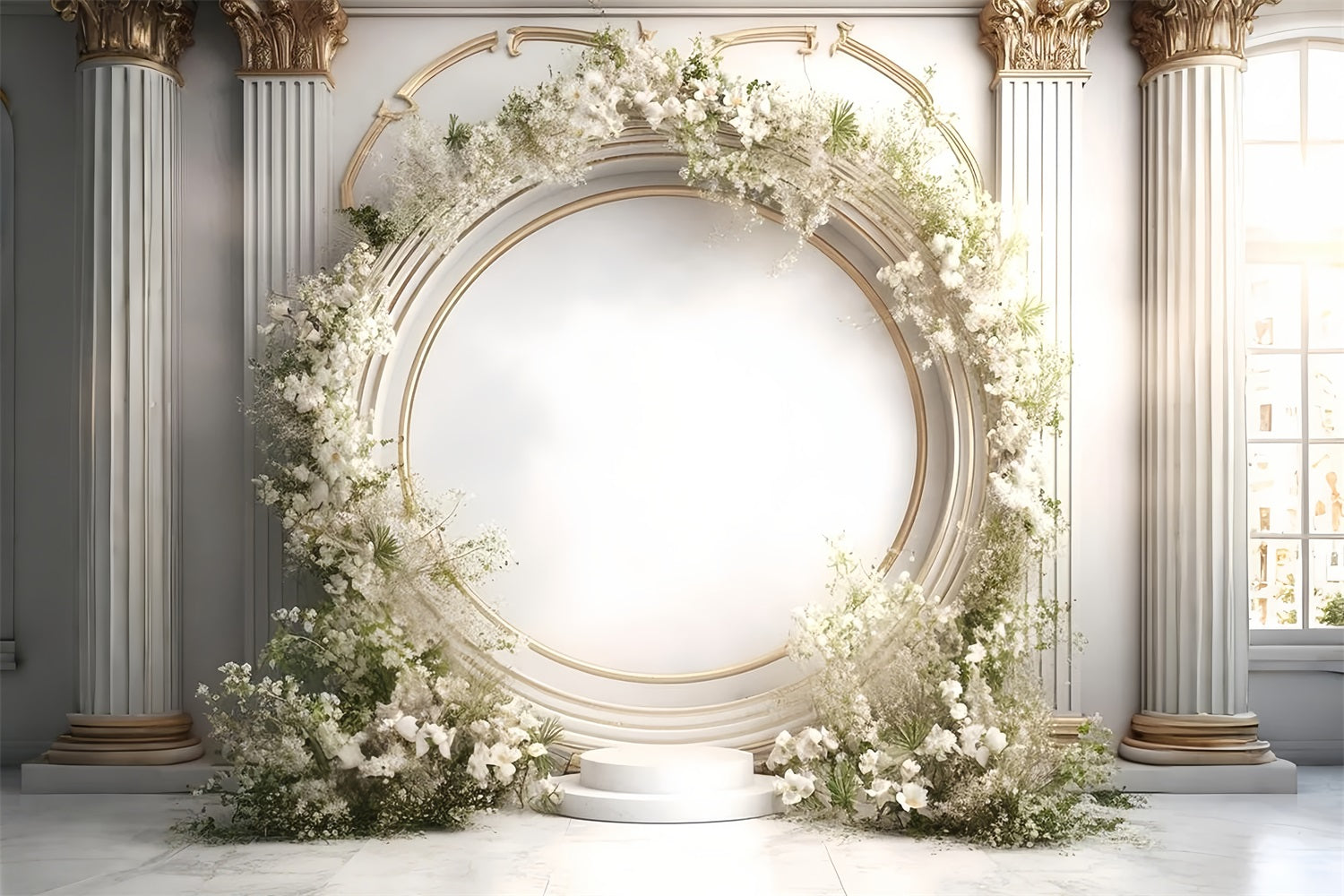 Elegant White Floral Archway Columns Boho Backdrop UK BRP9-271