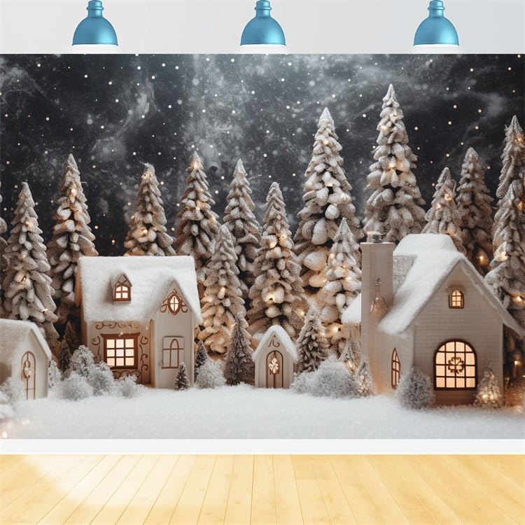 Magical Winter Village Snowy Pines Houses Backdrop UK BRP9-272