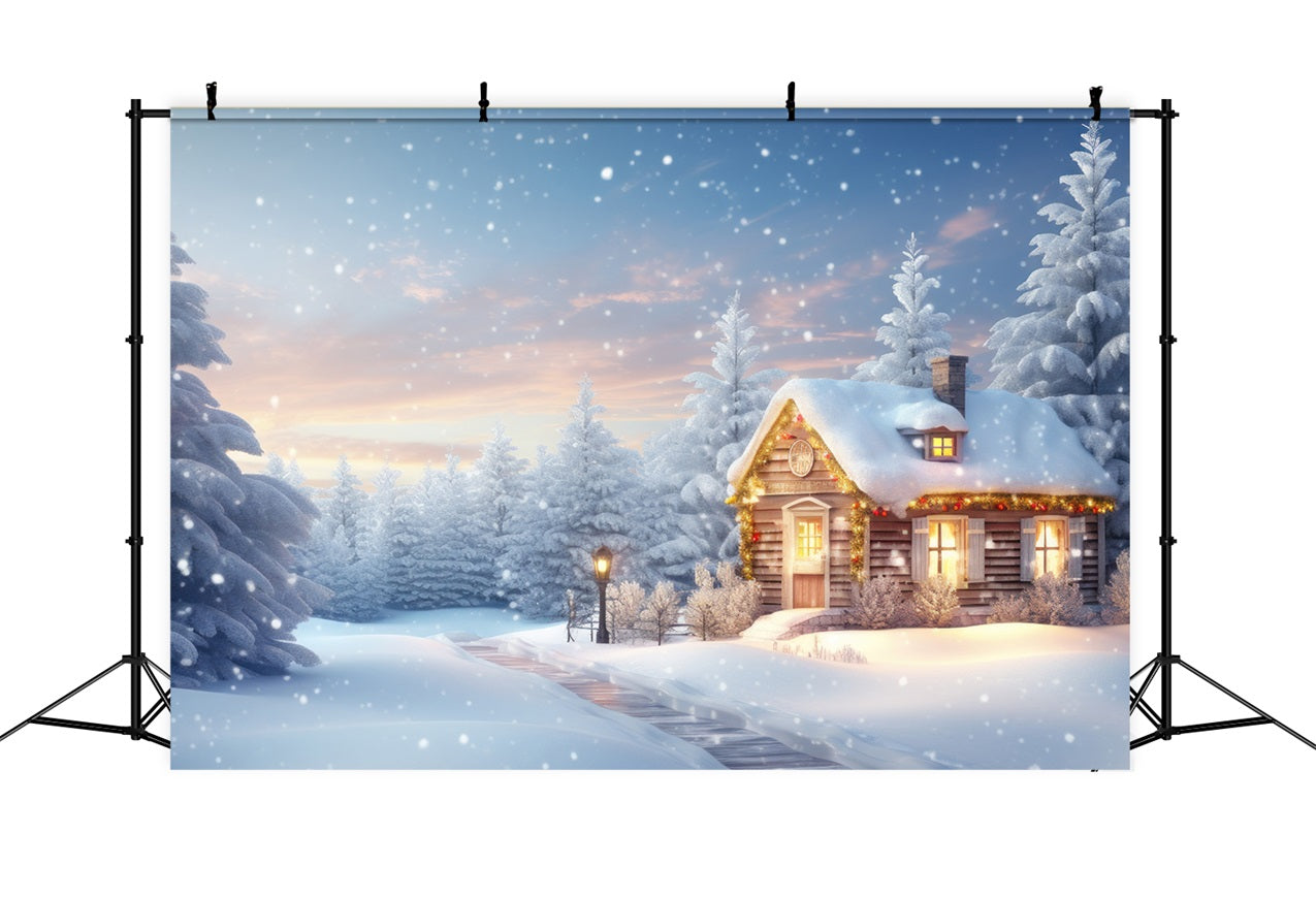 Warm Glowing Cabin Amid Snowy Pines Backdrop UK BRP9-274