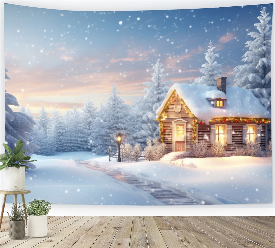 Warm Glowing Cabin Amid Snowy Pines Backdrop UK BRP9-274