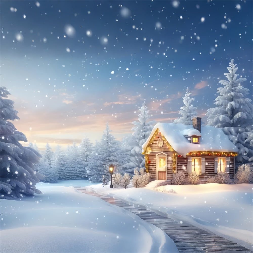 Warm Glowing Cabin Amid Snowy Pines Backdrop UK BRP9-274