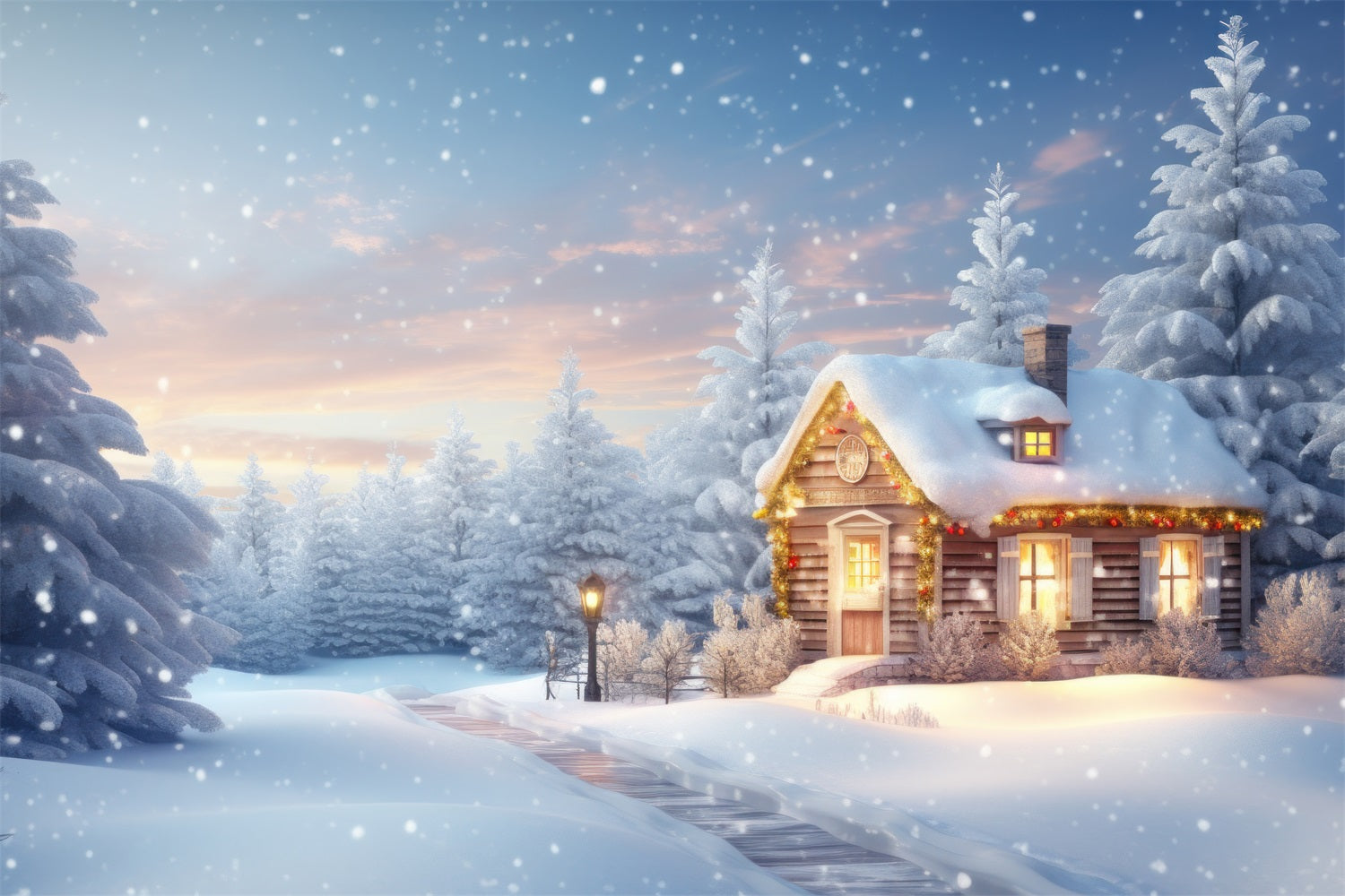 Warm Glowing Cabin Amid Snowy Pines Backdrop UK BRP9-274