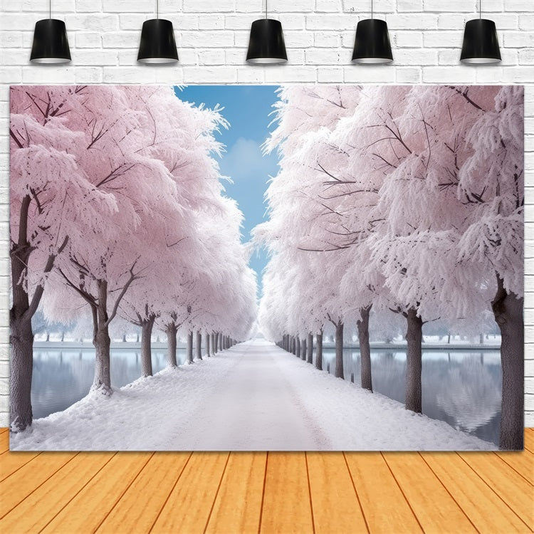 Serene Pink Frosty Winter Path Photography Backdrop UK BRP9-277