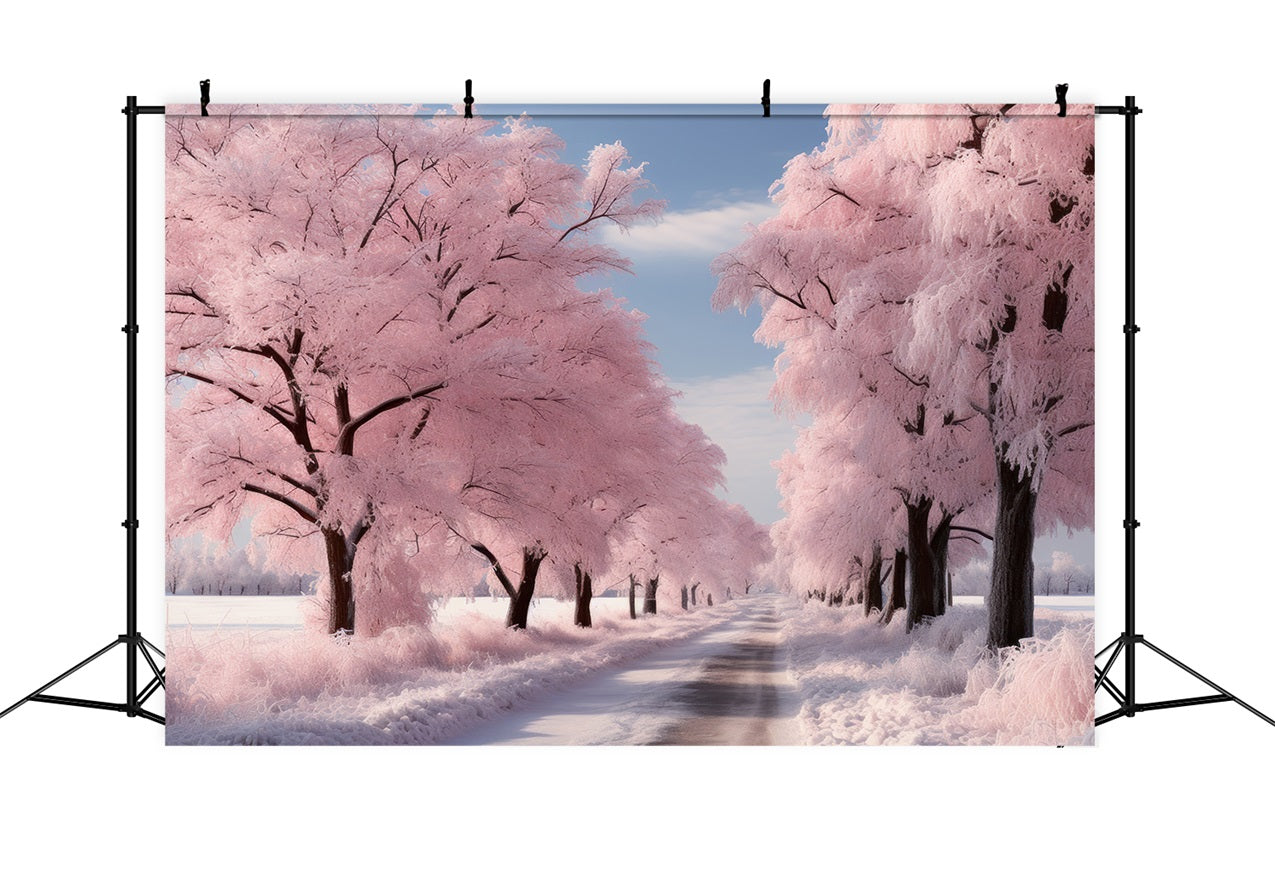 Road Through Frosted Pink Winter Landscape Backdrop UK BRP9-278