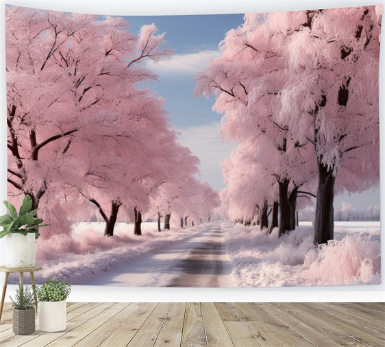 Road Through Frosted Pink Winter Landscape Backdrop UK BRP9-278