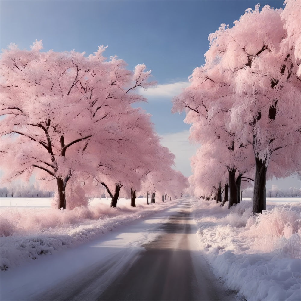 Road Through Frosted Pink Winter Landscape Backdrop UK BRP9-278