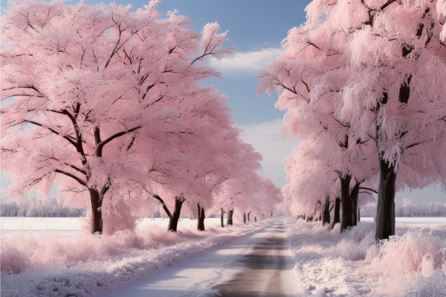 Road Through Frosted Pink Winter Landscape Backdrop UK BRP9-278