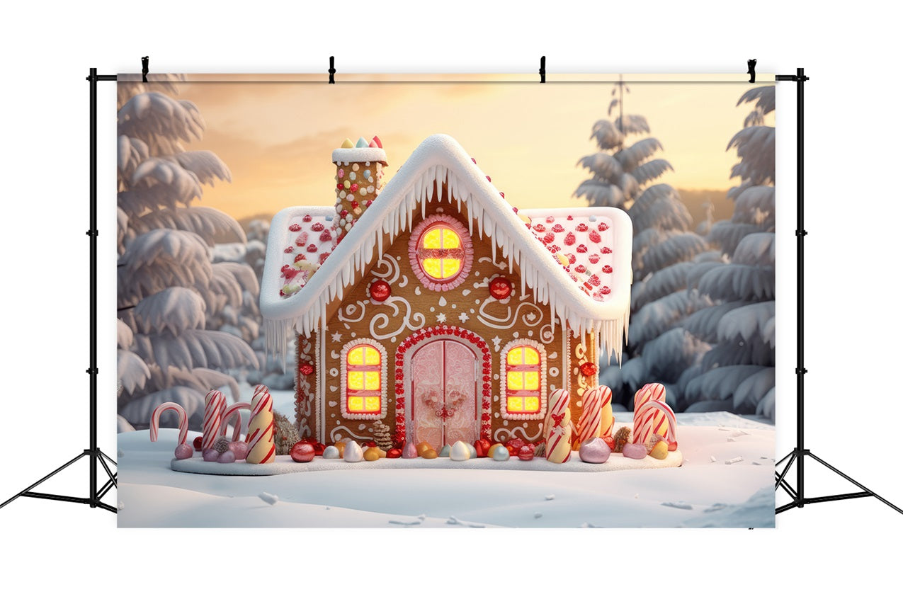 Cute Gingerbread House Winter Snowy Pines Backdrop UK BRP9-281