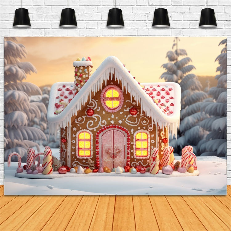 Cute Gingerbread House Winter Snowy Pines Backdrop UK BRP9-281