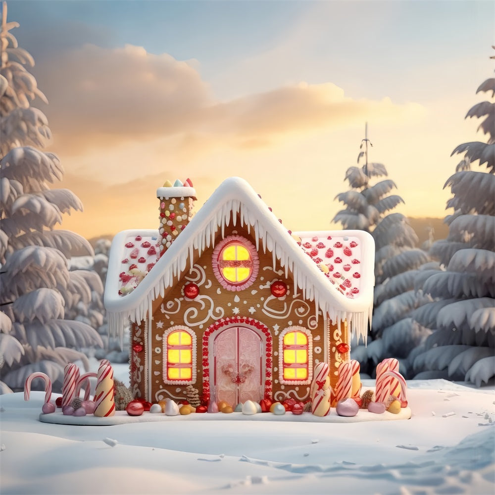 Cute Gingerbread House Winter Snowy Pines Backdrop UK BRP9-281