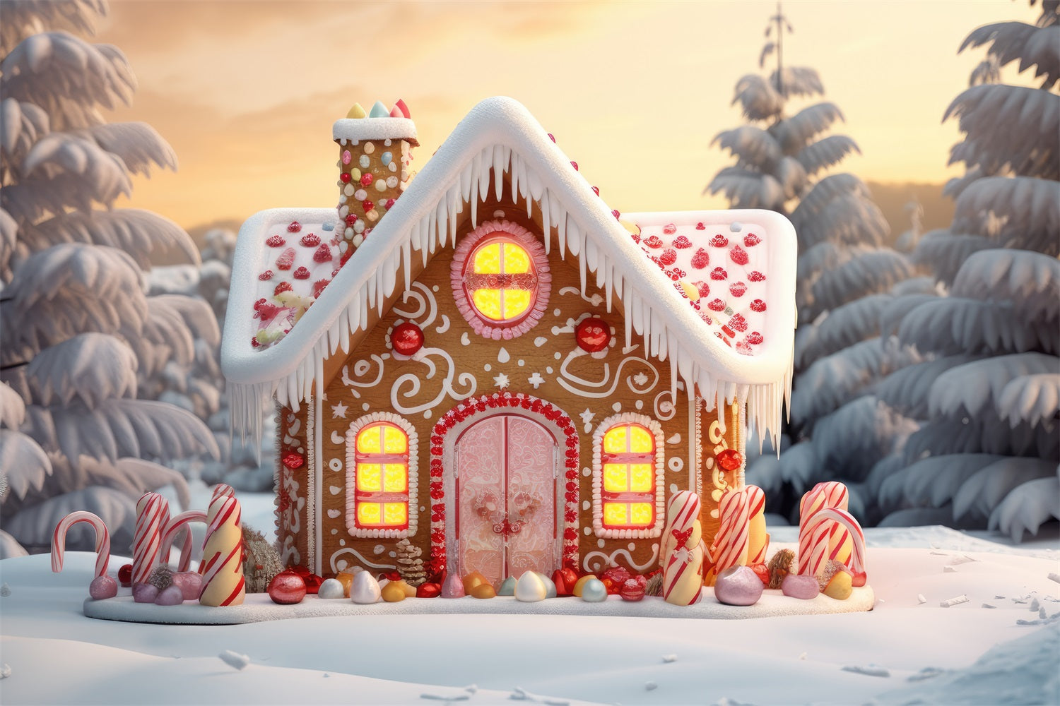 Cute Gingerbread House Winter Snowy Pines Backdrop UK BRP9-281