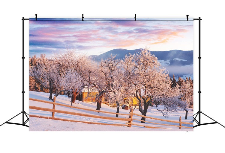 Pink Sky Winter Trees Farmhouse Photography Backdrop UK BRP9-282