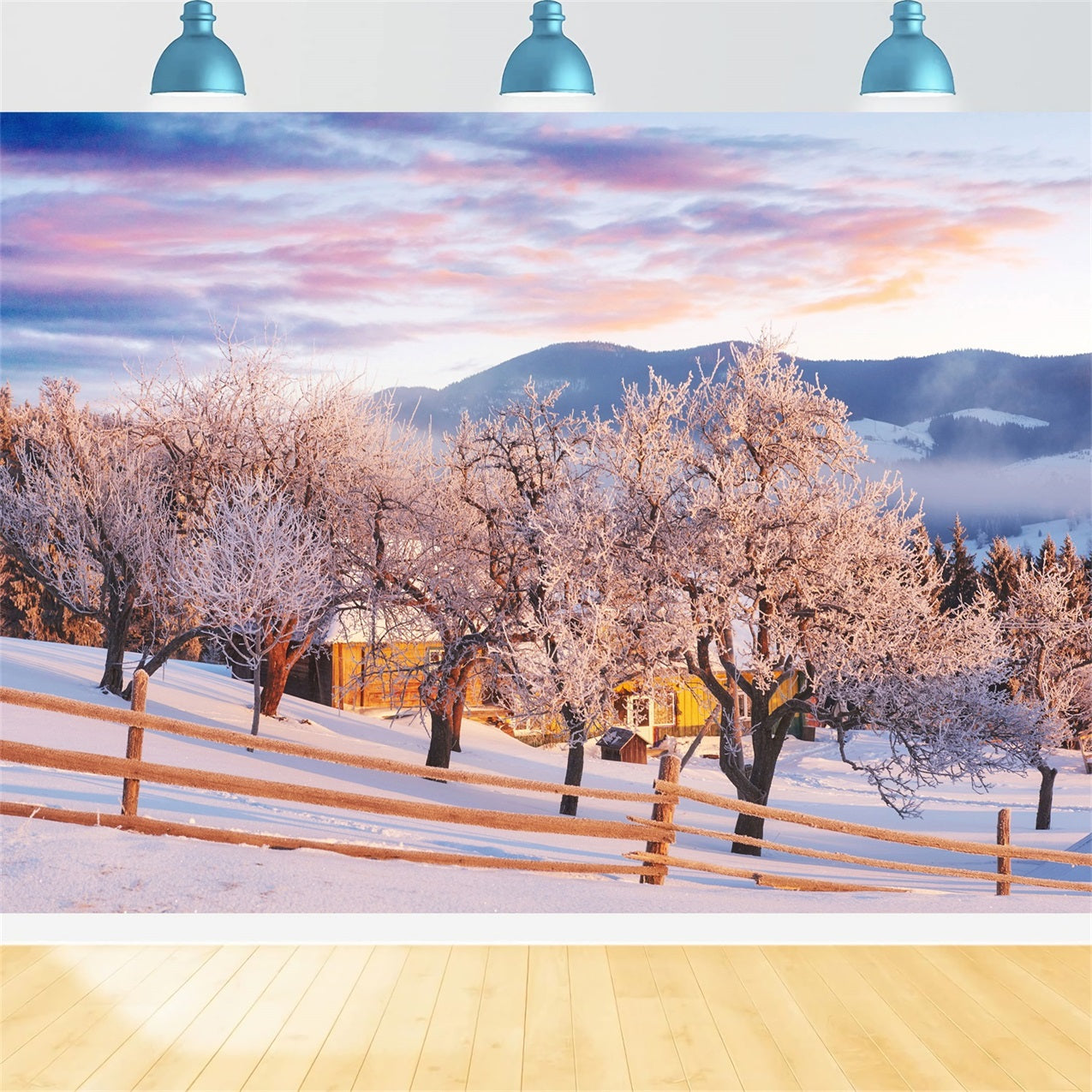 Pink Sky Winter Trees Farmhouse Photography Backdrop UK BRP9-282