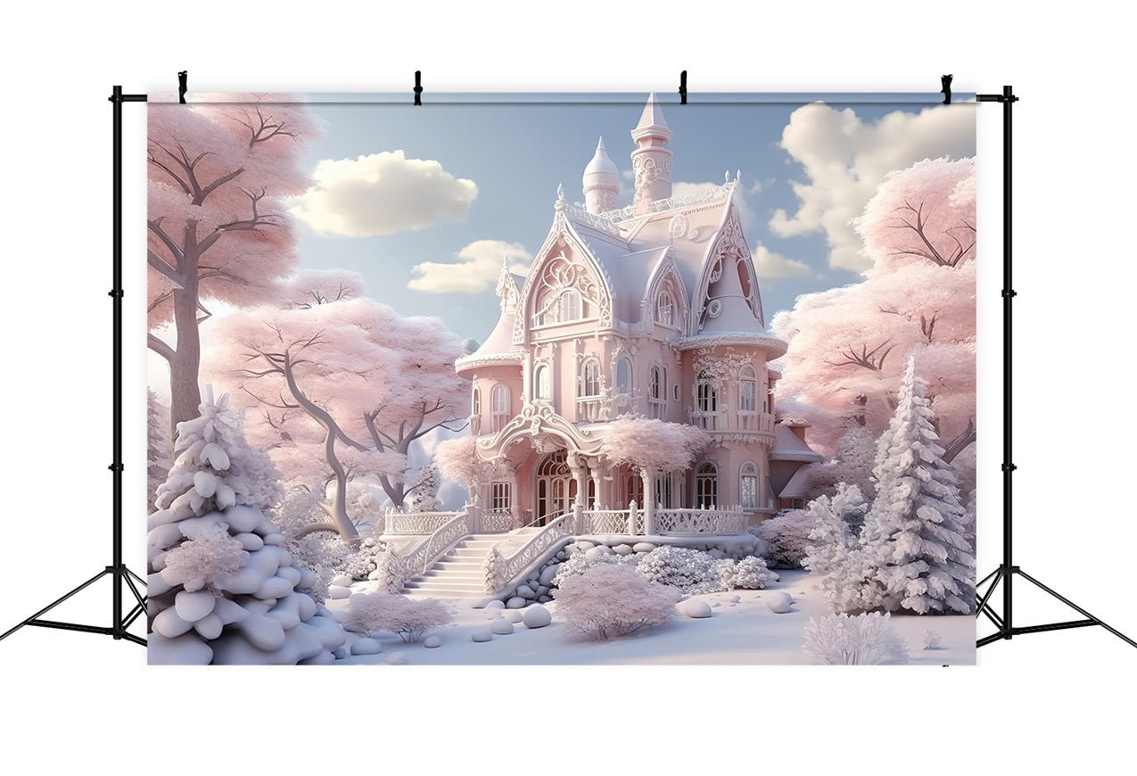 Snowy Pink Castle Winter Fairytale Backdrop UK BRP9-287