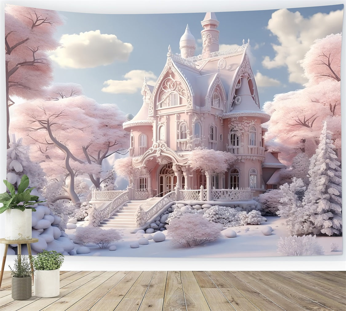 Snowy Pink Castle Winter Fairytale Backdrop UK BRP9-287