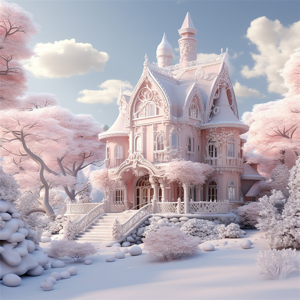 Snowy Pink Castle Winter Fairytale Backdrop UK BRP9-287