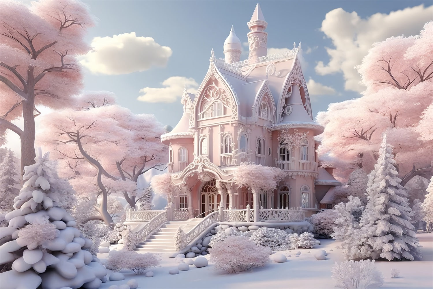 Snowy Pink Castle Winter Fairytale Backdrop UK BRP9-287