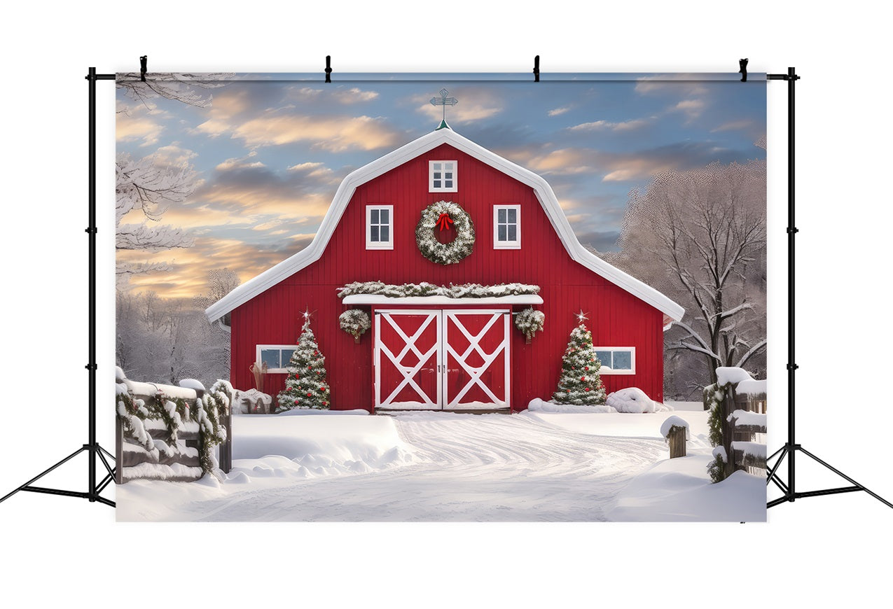 Winter Forest Red Barn Snow Covered Trees Backdrop UK BRP9-289