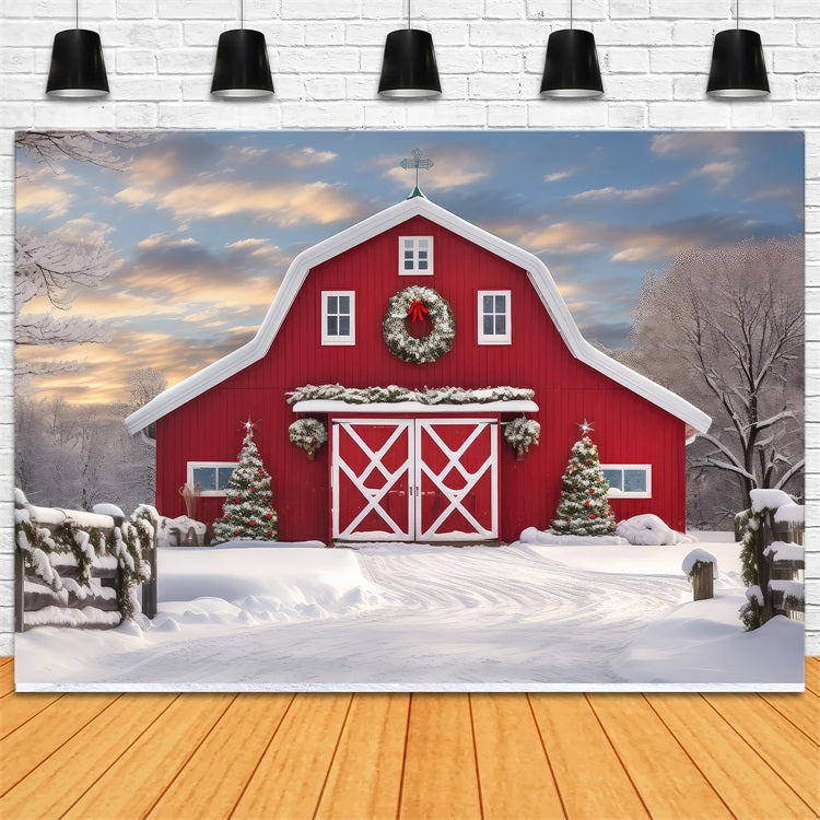 Winter Forest Red Barn Snow Covered Trees Backdrop UK BRP9-289