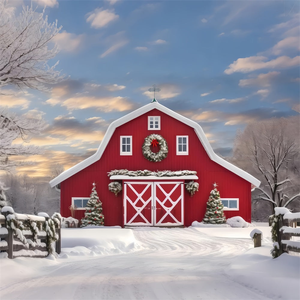 Winter Forest Red Barn Snow Covered Trees Backdrop UK BRP9-289