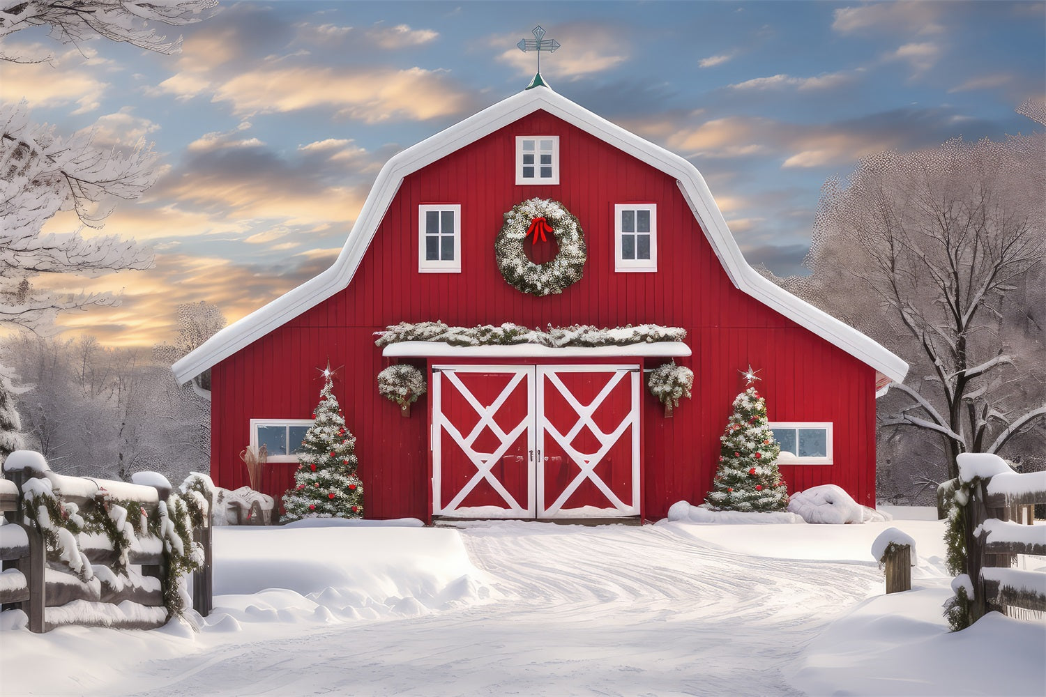 Winter Forest Red Barn Snow Covered Trees Backdrop UK BRP9-289