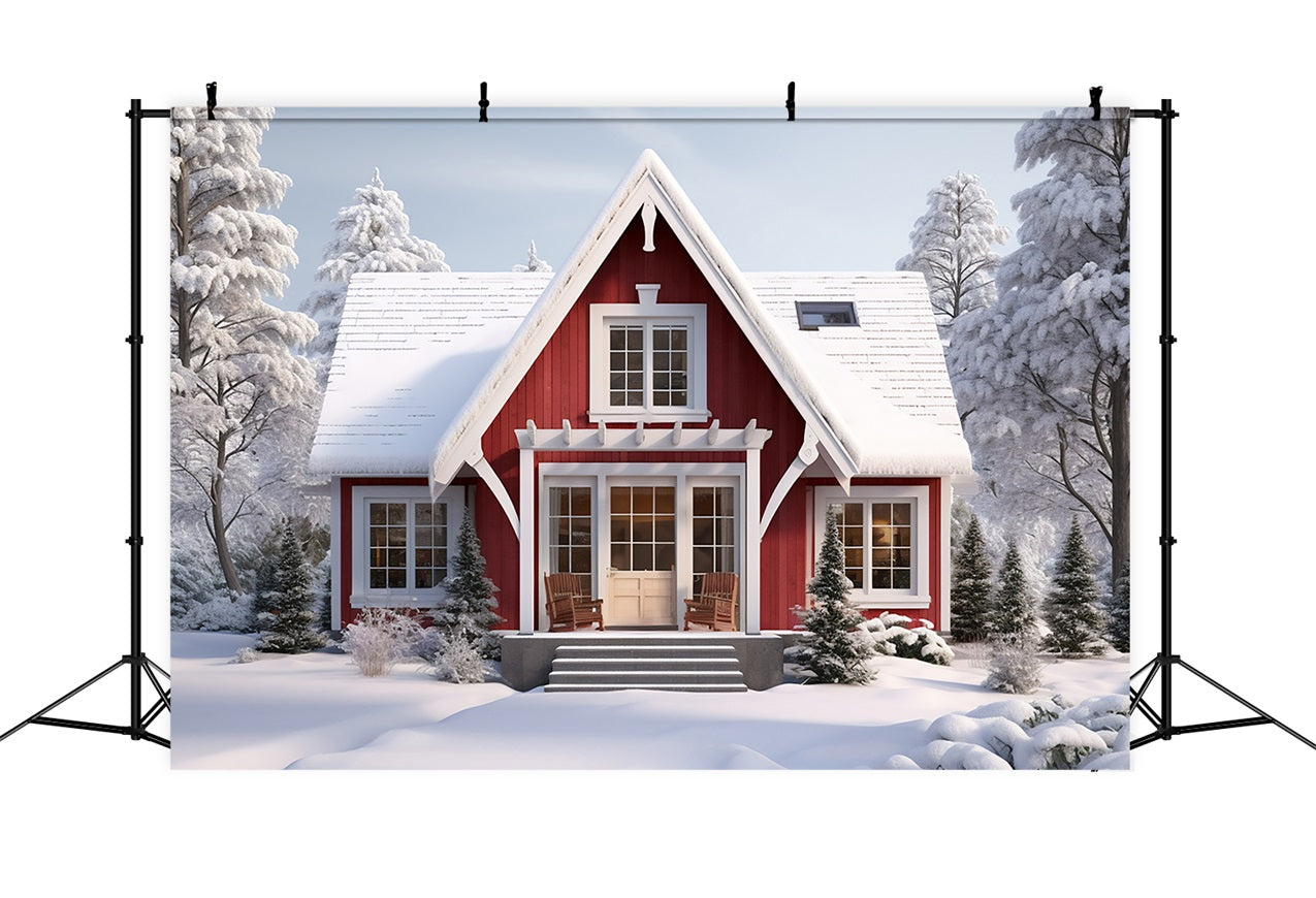 Winter Retreat Snowy Forest Red Cabin Backdrop UK BRP9-290