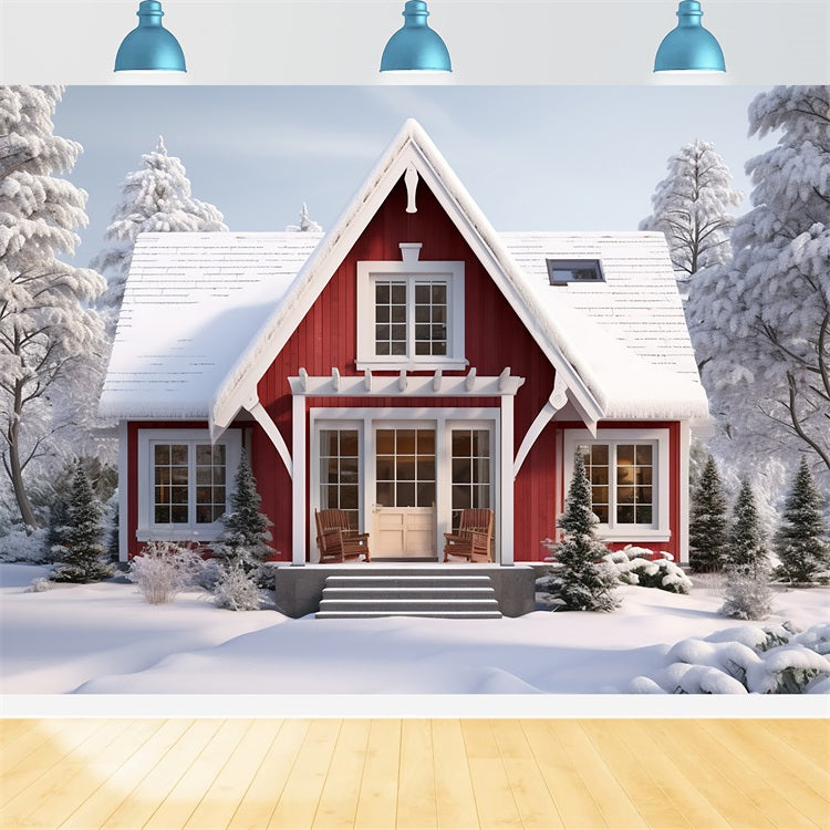 Winter Retreat Snowy Forest Red Cabin Backdrop UK BRP9-290