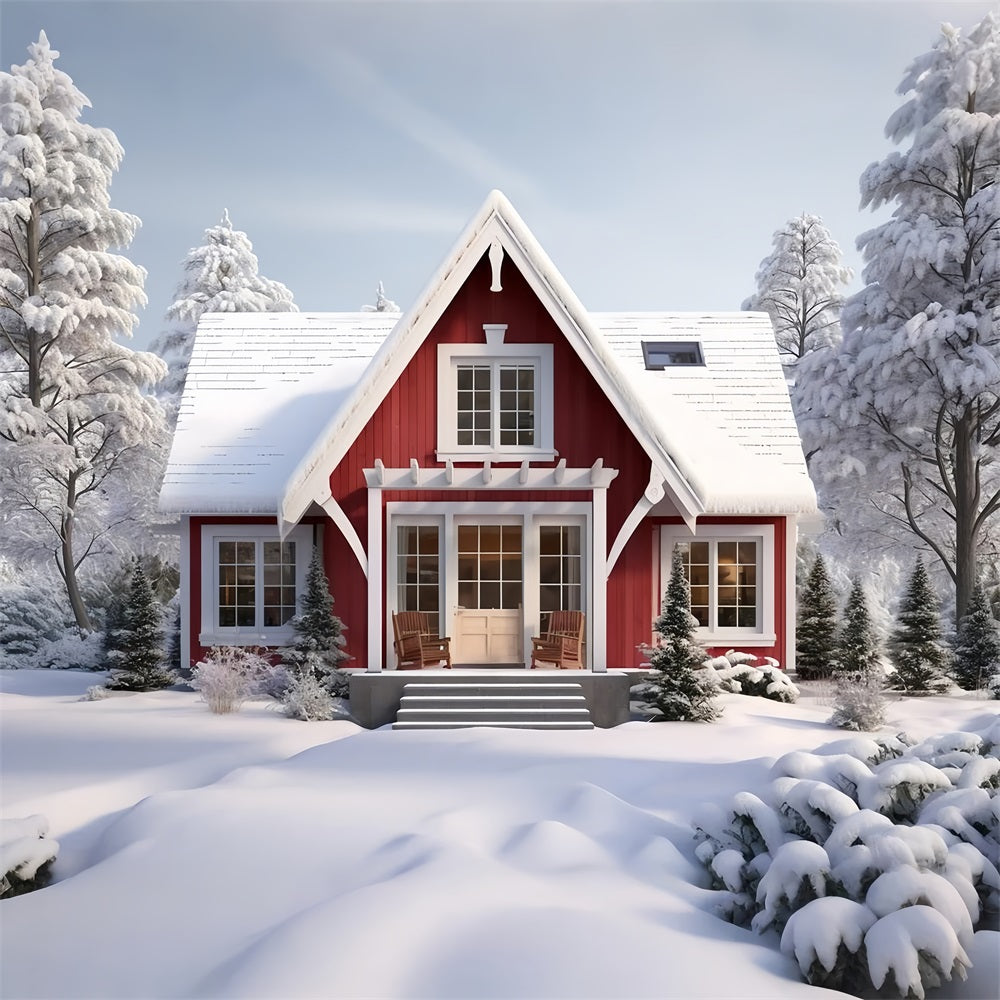 Winter Retreat Snowy Forest Red Cabin Backdrop UK BRP9-290