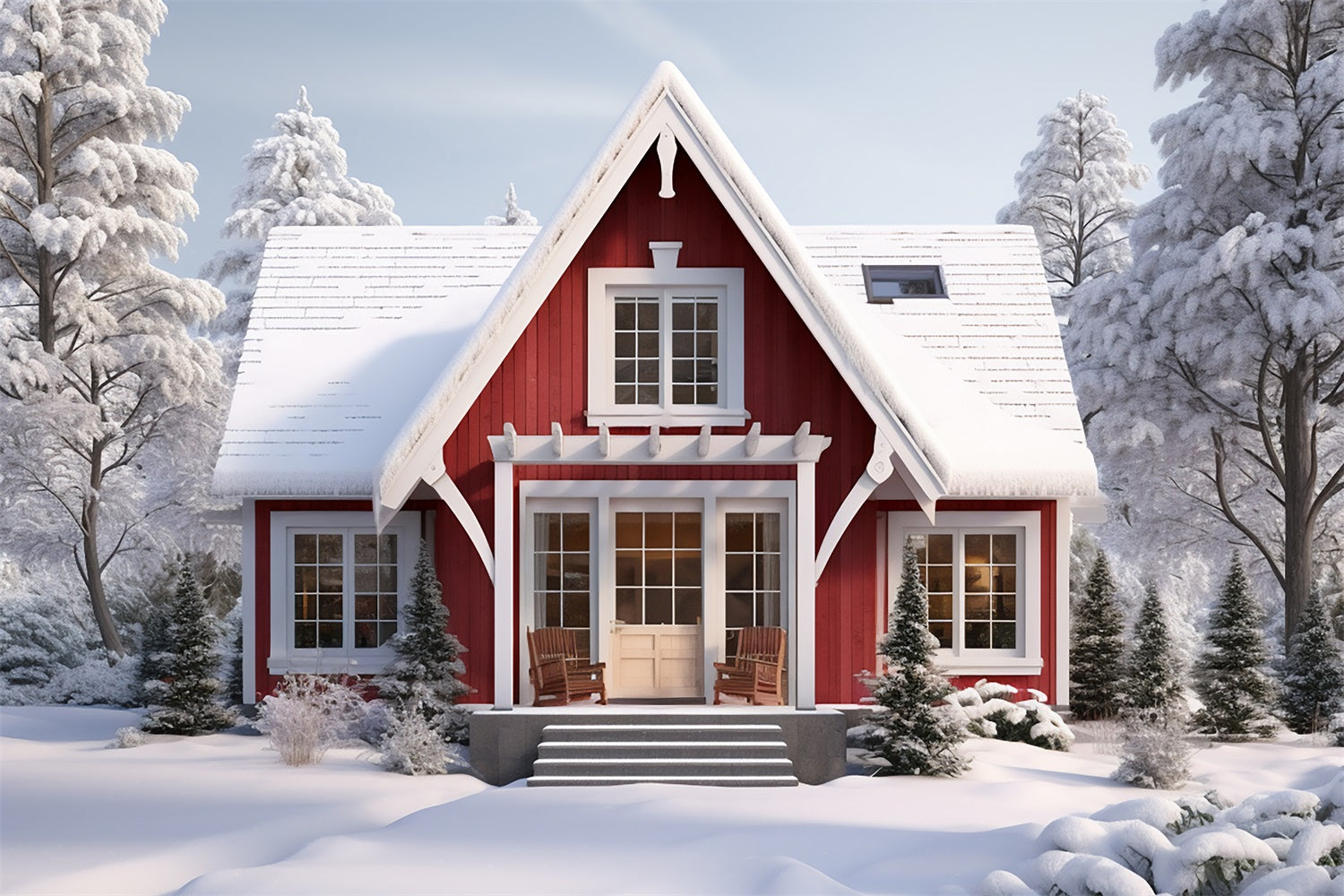 Winter Retreat Snowy Forest Red Cabin Backdrop UK BRP9-290