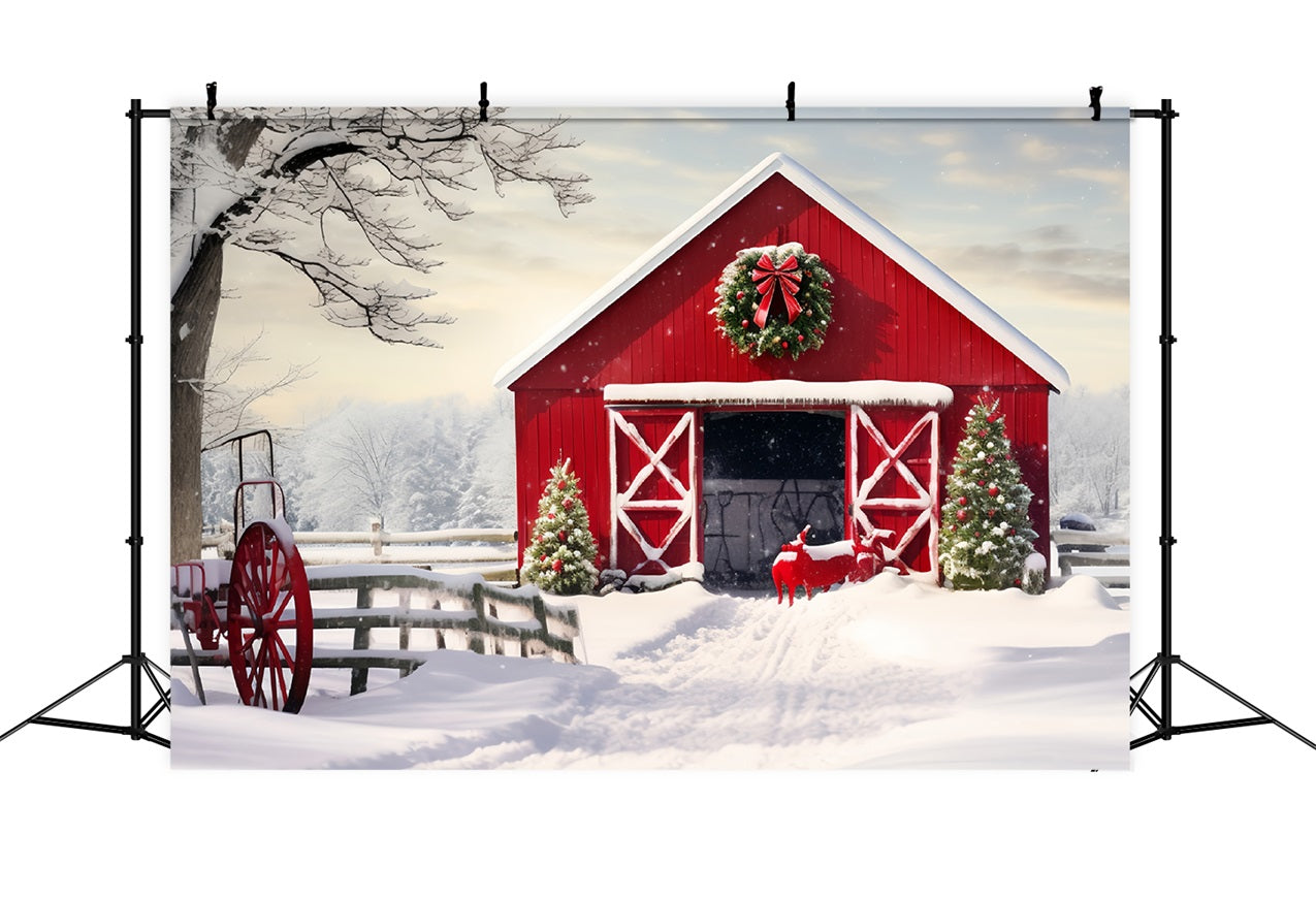 Winter Snowy Rustic Barn Photography Backdrop UK BRP9-291