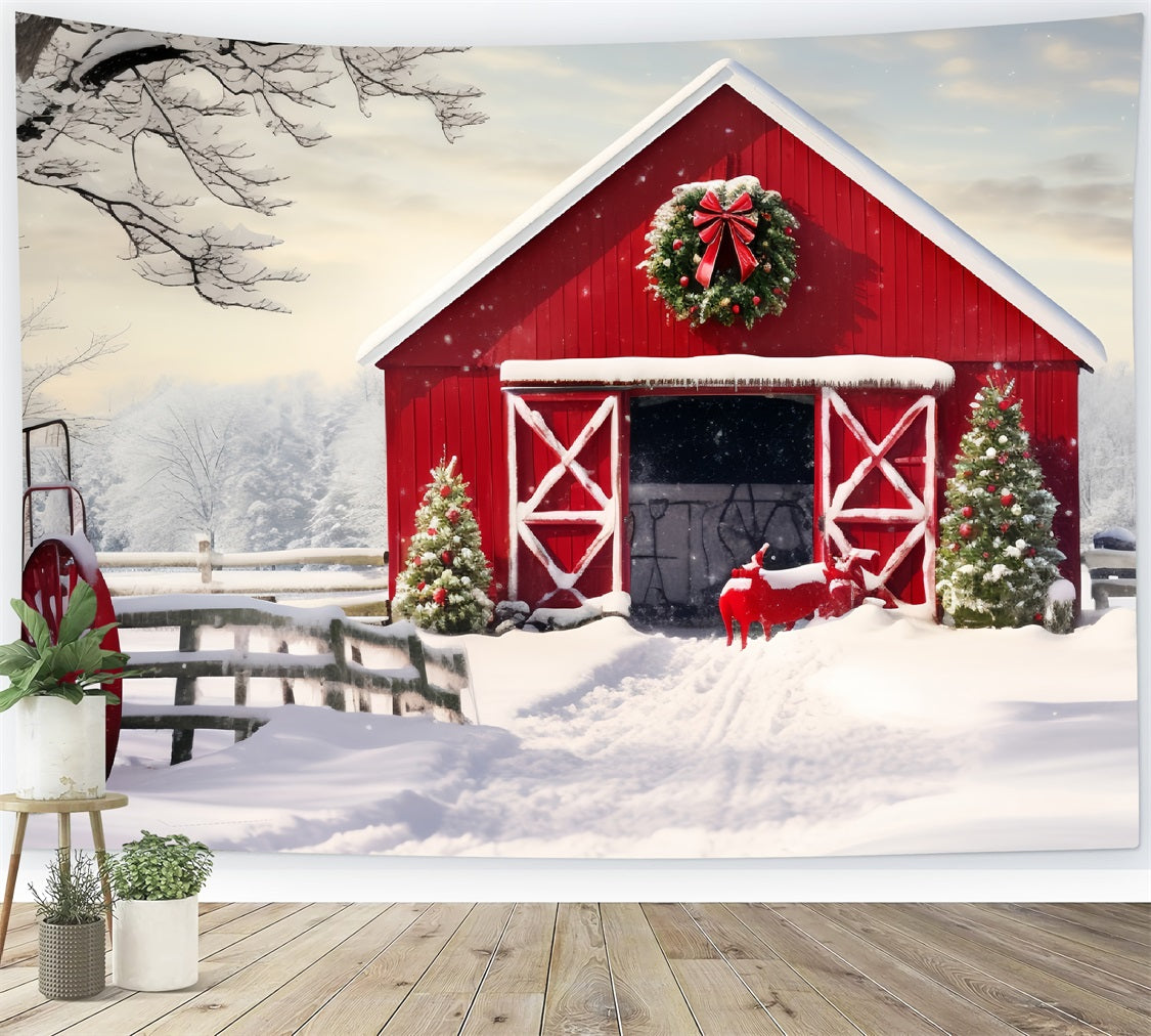 Winter Snowy Rustic Barn Photography Backdrop UK BRP9-291