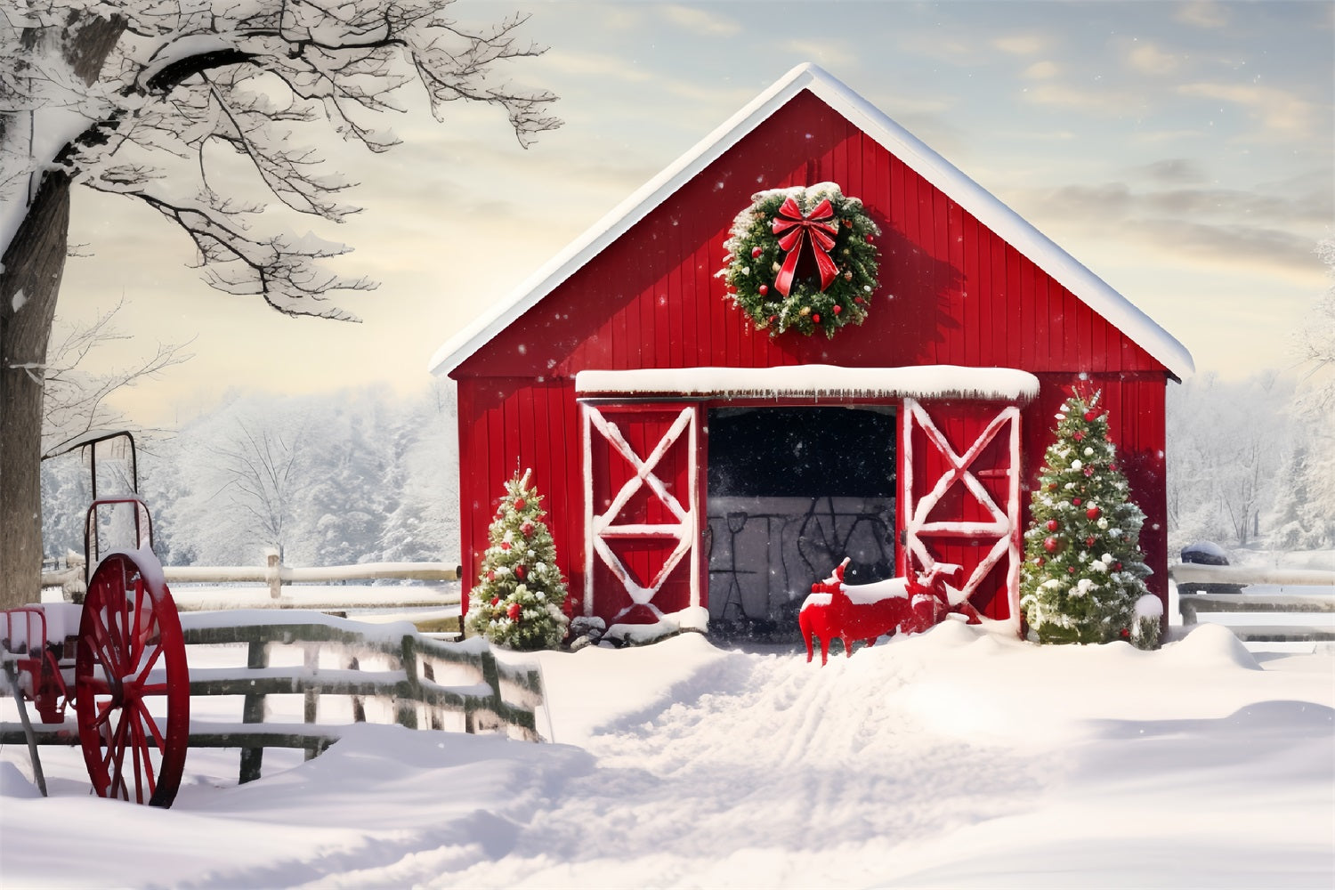 Winter Snowy Rustic Barn Photography Backdrop UK BRP9-291