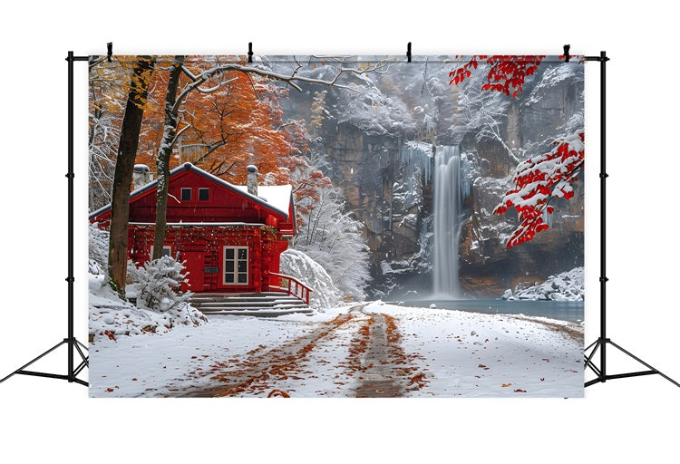 Winter Snowy Red Cabin Flowing Waterfall Backdrop UK BRP9-292