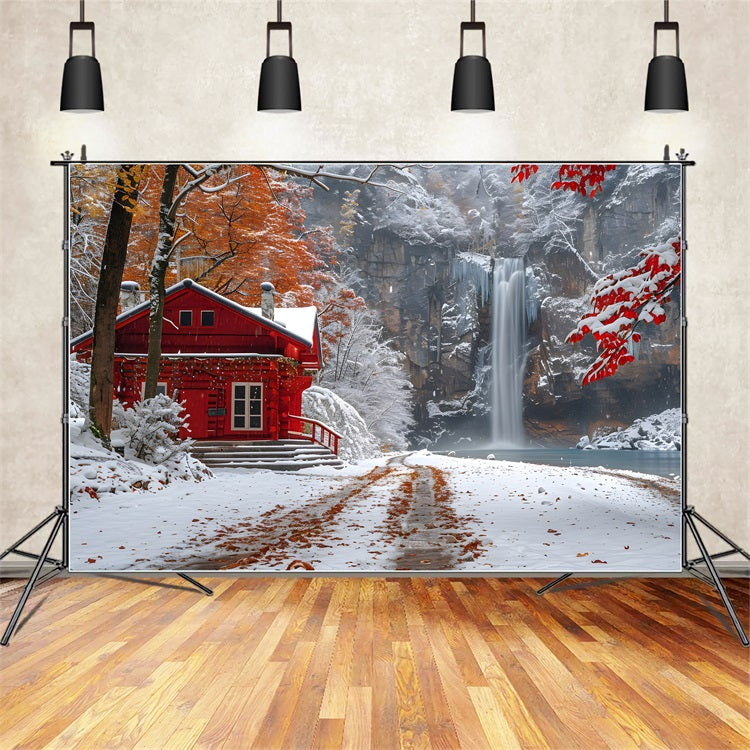 Winter Snowy Red Cabin Flowing Waterfall Backdrop UK BRP9-292