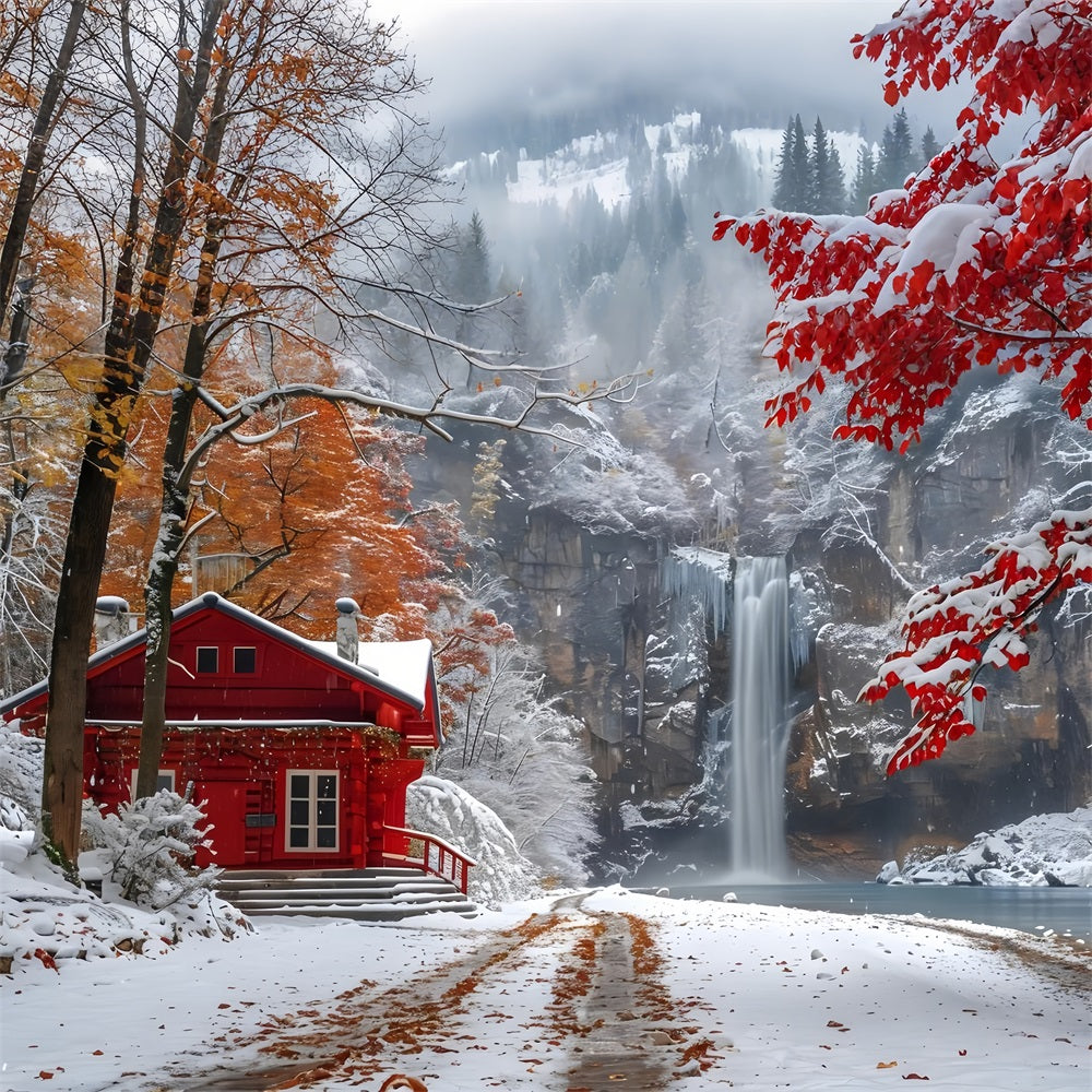 Winter Snowy Red Cabin Flowing Waterfall Backdrop UK BRP9-292