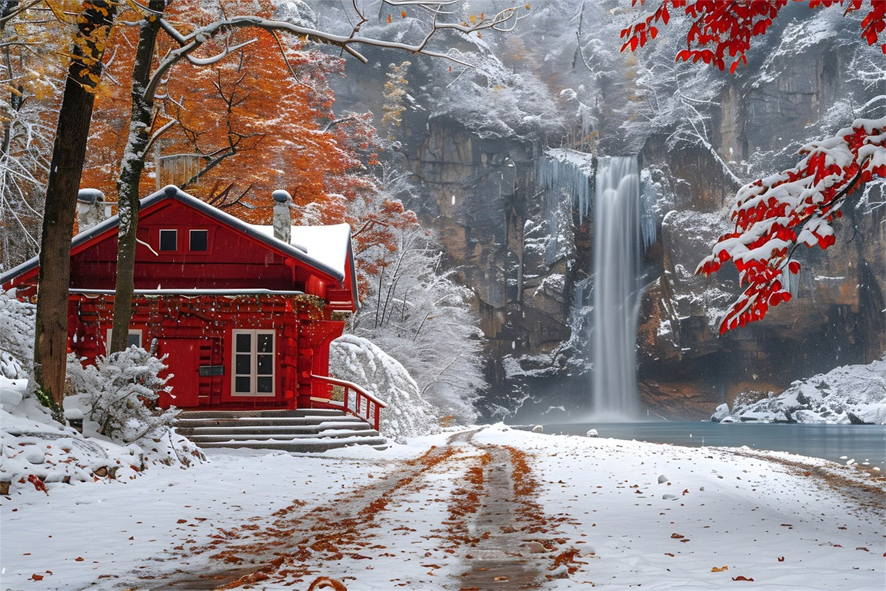 Winter Snowy Red Cabin Flowing Waterfall Backdrop UK BRP9-292