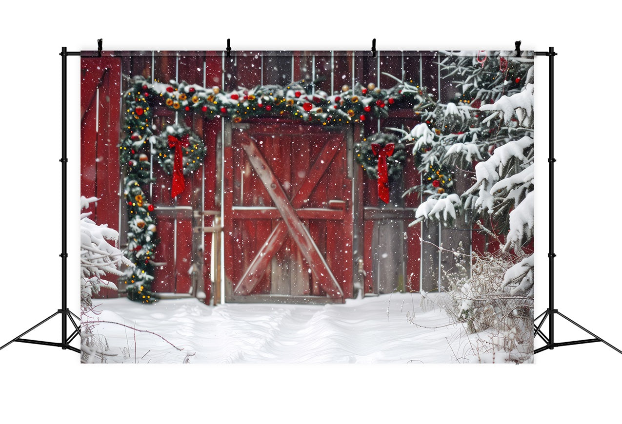 Red Wooden Barn Snowfall Trees Winter Backdrop UK BRP9-293