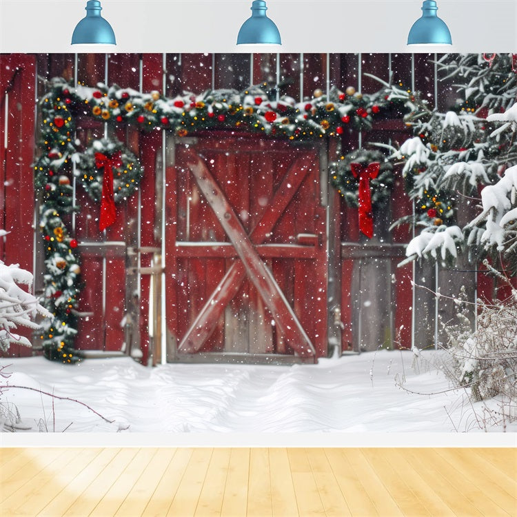 Red Wooden Barn Snowfall Trees Winter Backdrop UK BRP9-293