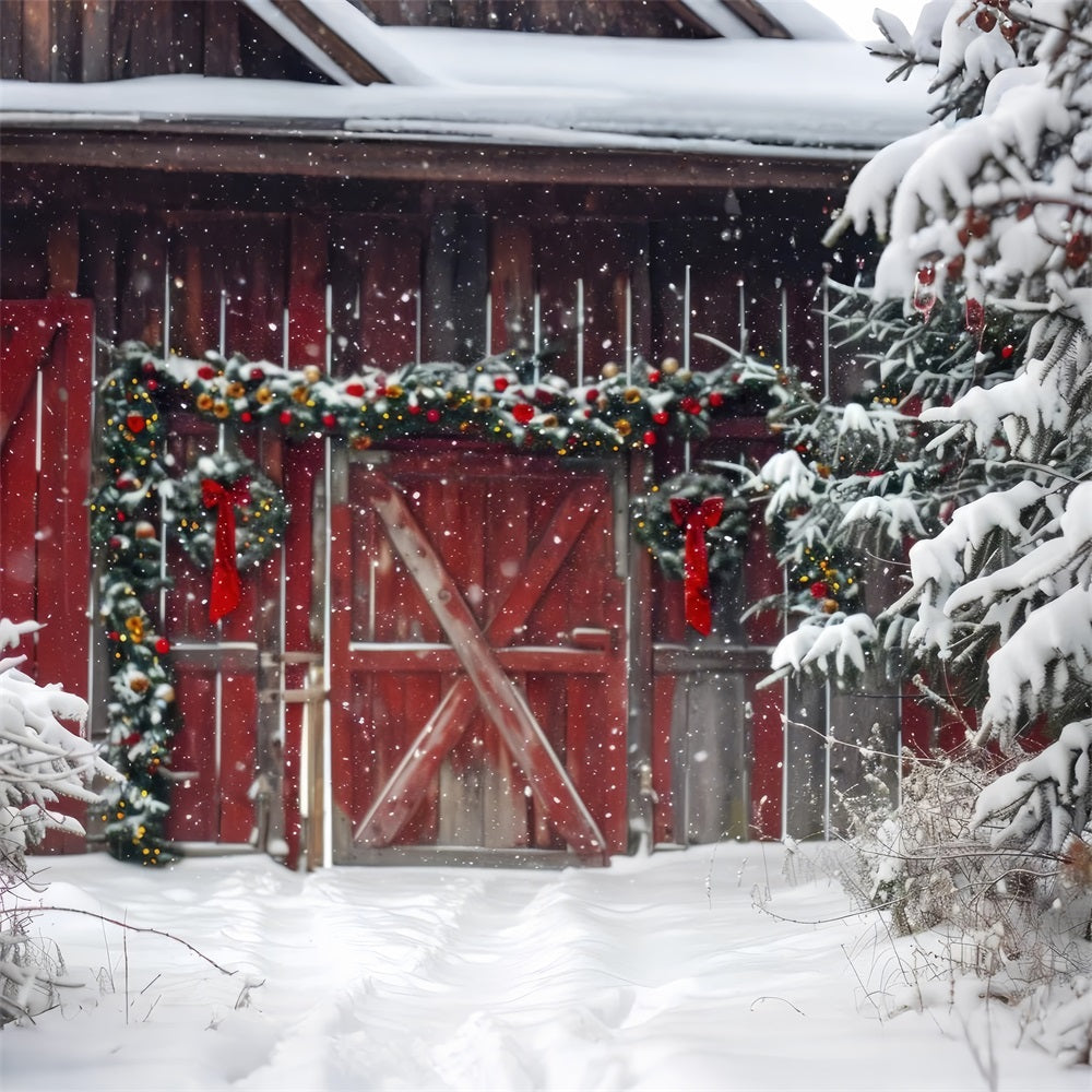 Red Wooden Barn Snowfall Trees Winter Backdrop UK BRP9-293