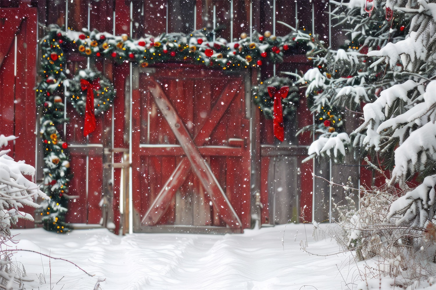 Red Wooden Barn Snowfall Trees Winter Backdrop UK BRP9-293