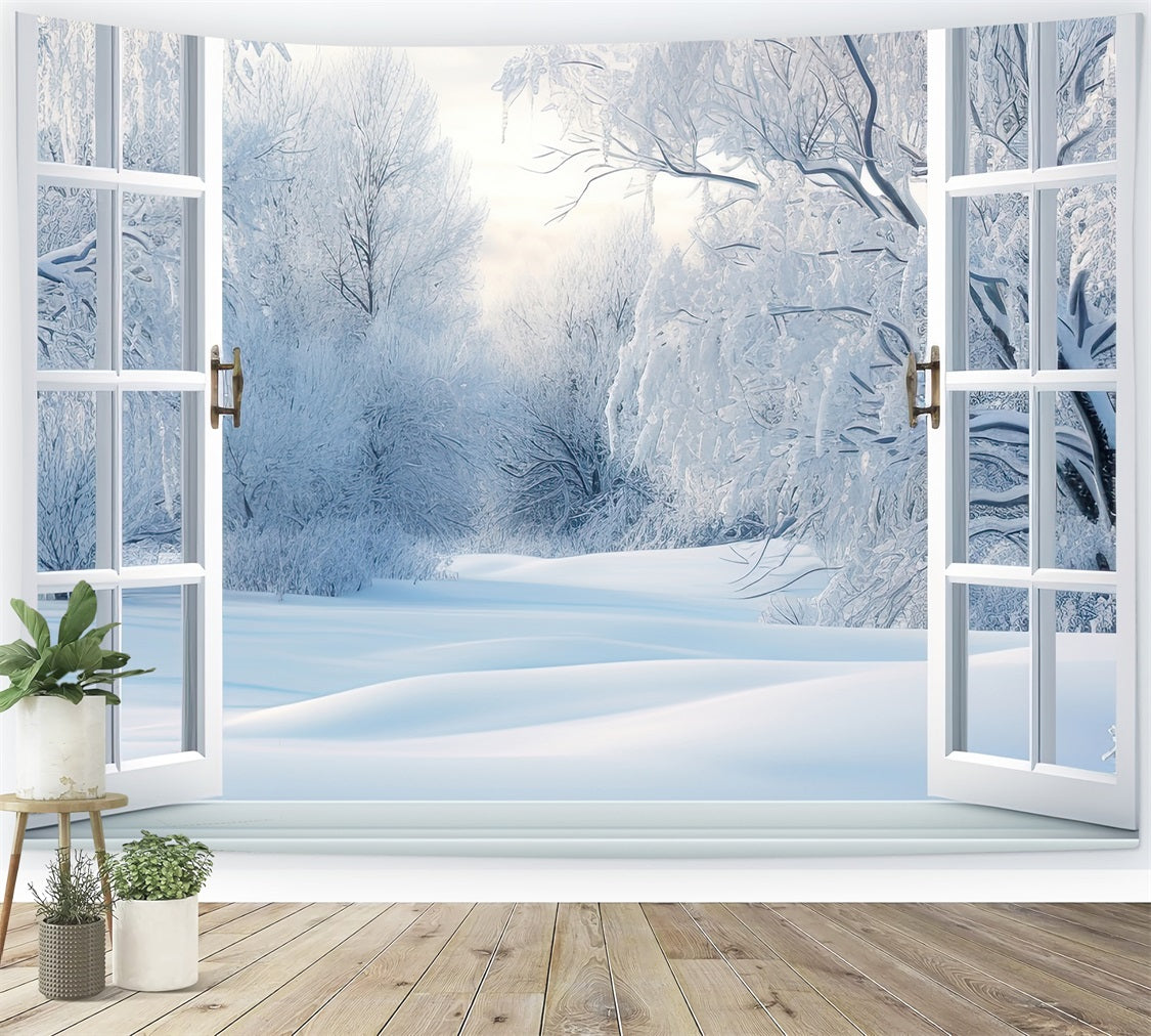 Frosted Branches Snowy Scene Winter Window Backdrop UK BRP9-295