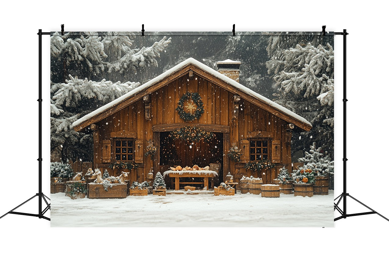 Winter Snow Covered Forest Cozy Cabin Backdrop UK BRP9-302