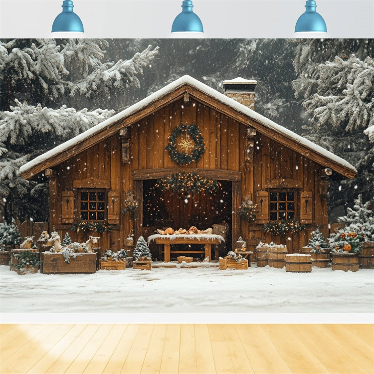 Winter Snow Covered Forest Cozy Cabin Backdrop UK BRP9-302