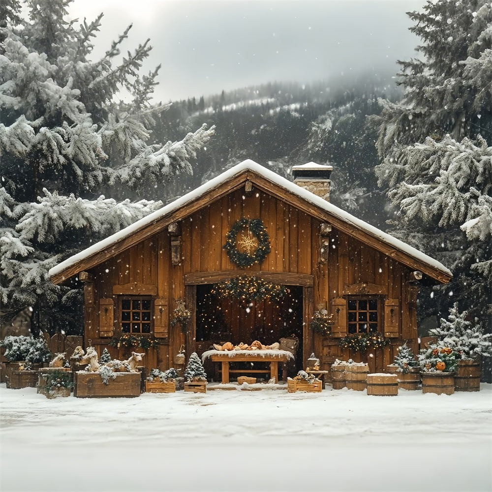 Winter Snow Covered Forest Cozy Cabin Backdrop UK BRP9-302