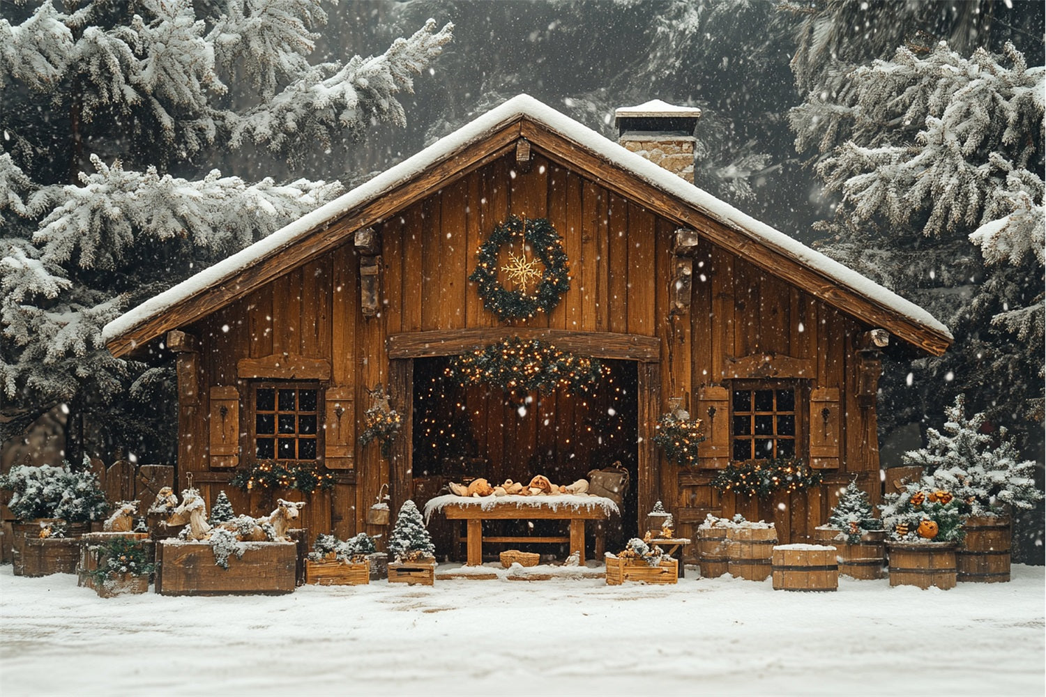 Winter Snow Covered Forest Cozy Cabin Backdrop UK BRP9-302