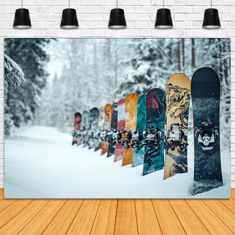 Colorful Snowboards Winter Snowy Forest Backdrop UK BRP9-303