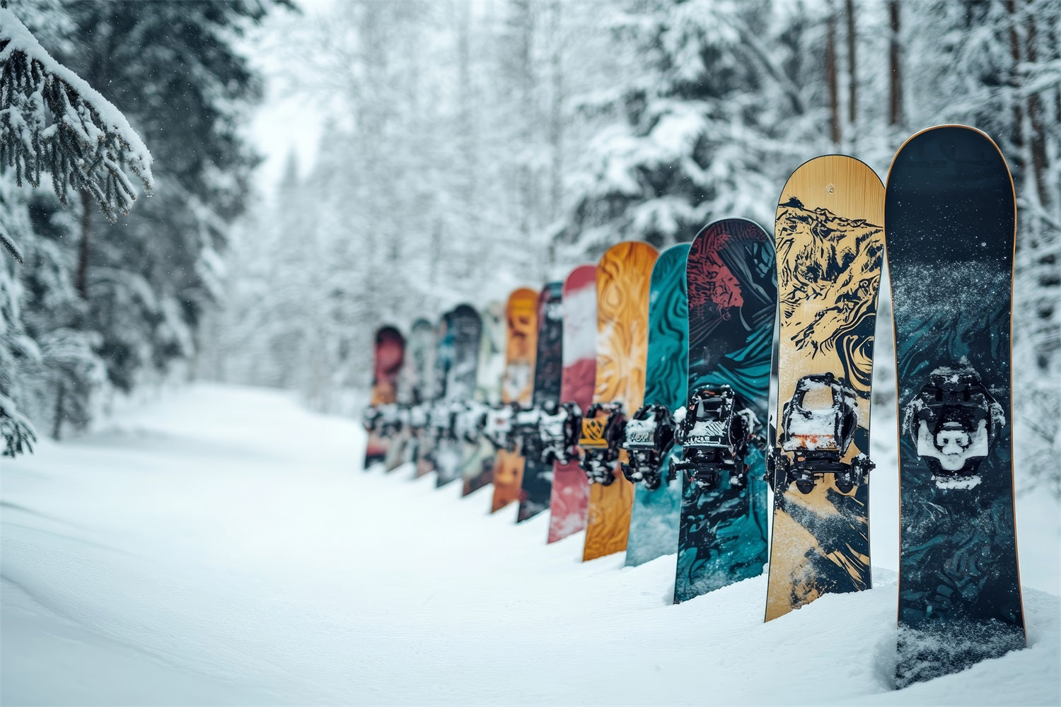 Colorful Snowboards Winter Snowy Forest Backdrop UK BRP9-303