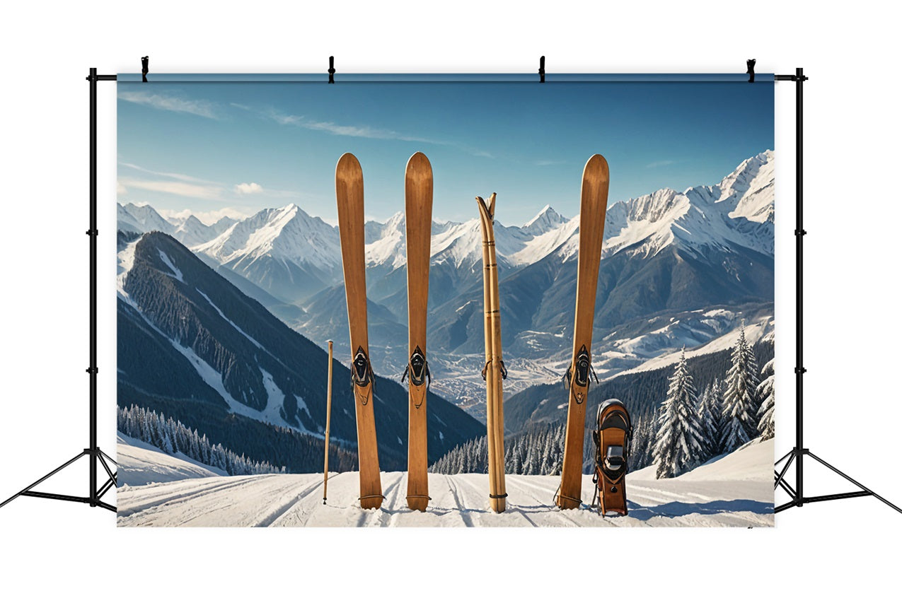 Wooden Skis Winter Mountain Landscape Backdrop UK BRP9-304