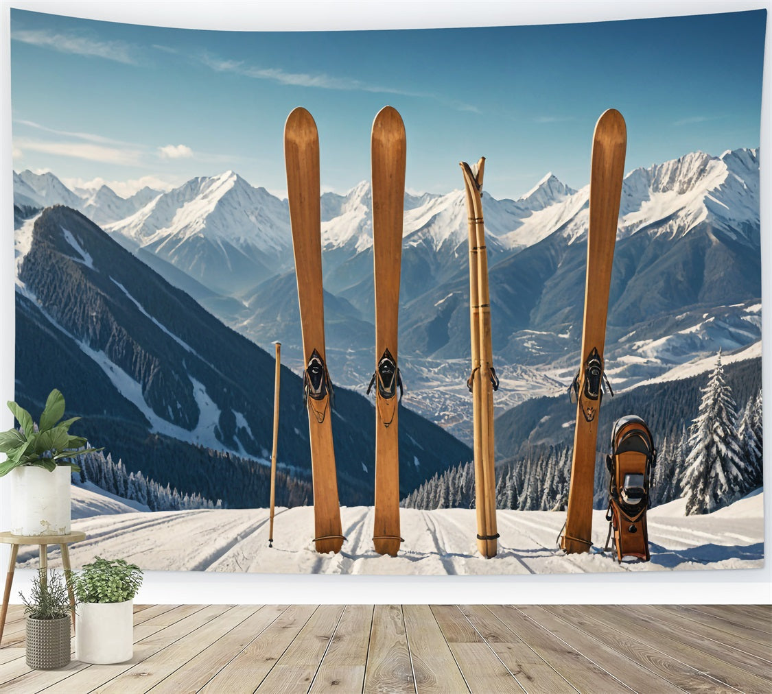 Wooden Skis Winter Mountain Landscape Backdrop UK BRP9-304